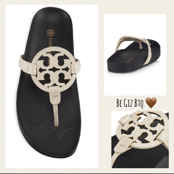 Tory Burch Authentic Leather Miller Cloud Leather Thong Slides Navy/Cream 8M - Picture 3 of 12